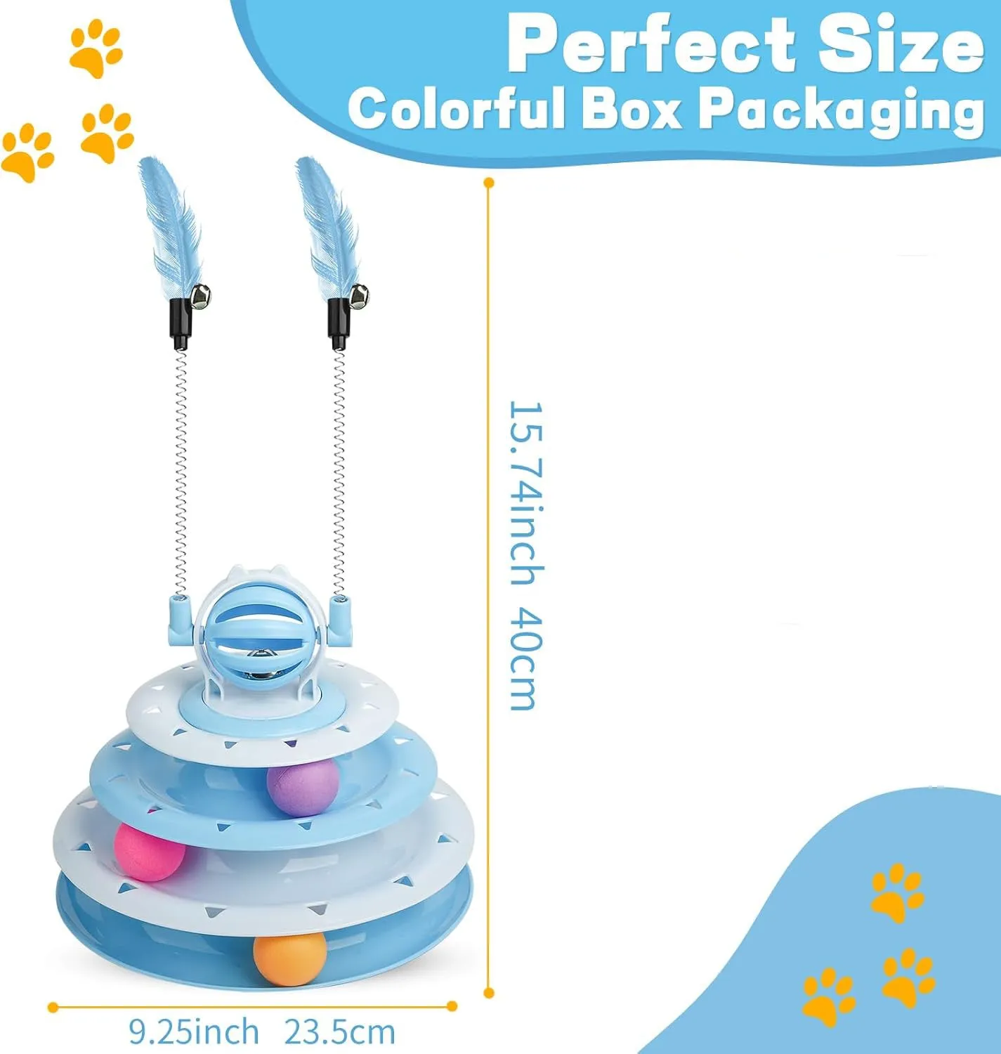 Blue 4-tier interactive cat puzzle toy with six plastic balls on circular tracks and teasing rods