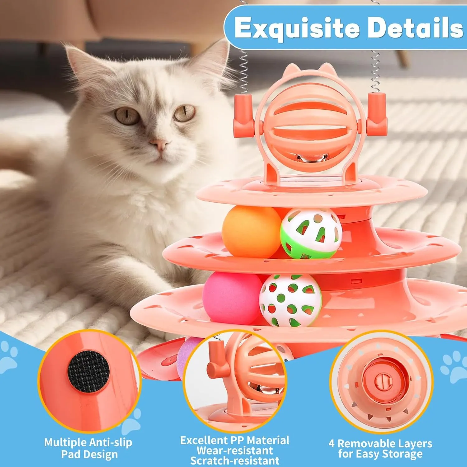 Blue 4-tier interactive cat puzzle toy with six plastic balls on circular tracks and teasing rods