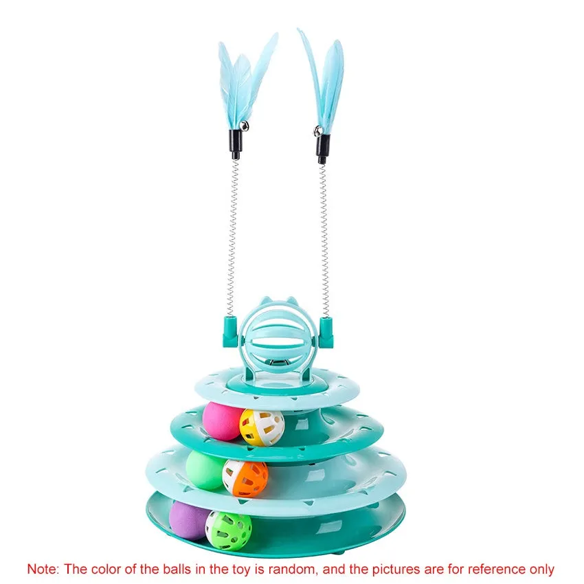 Blue 4-tier interactive cat puzzle toy with six plastic balls on circular tracks and teasing rods
