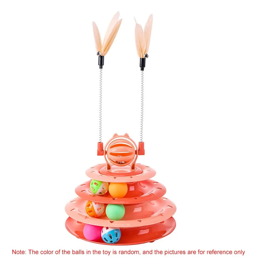 Blue 4-tier interactive cat puzzle toy with six plastic balls on circular tracks and teasing rods