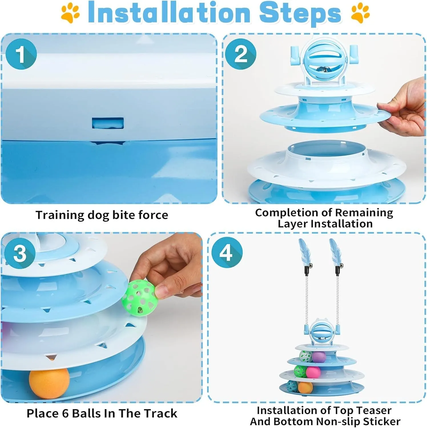 Blue 4-tier interactive cat puzzle toy with six plastic balls on circular tracks and teasing rods