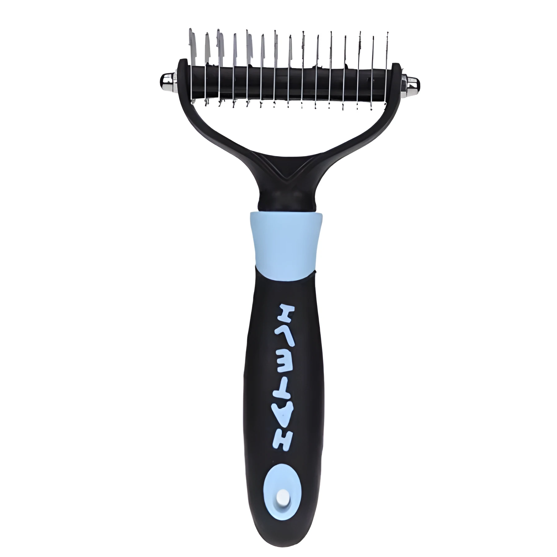 Blue pet dematting comb with stainless steel teeth and soft handle for dogs and cats