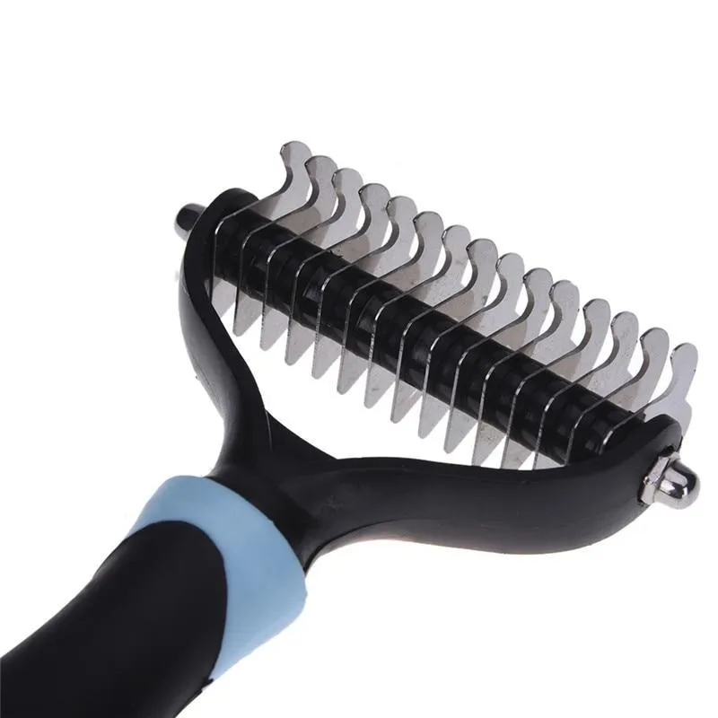 Blue pet dematting comb with stainless steel teeth and soft handle for dogs and cats