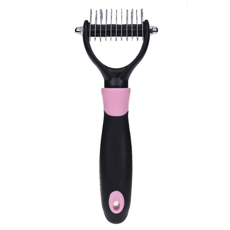 Blue pet dematting comb with stainless steel teeth and soft handle for dogs and cats