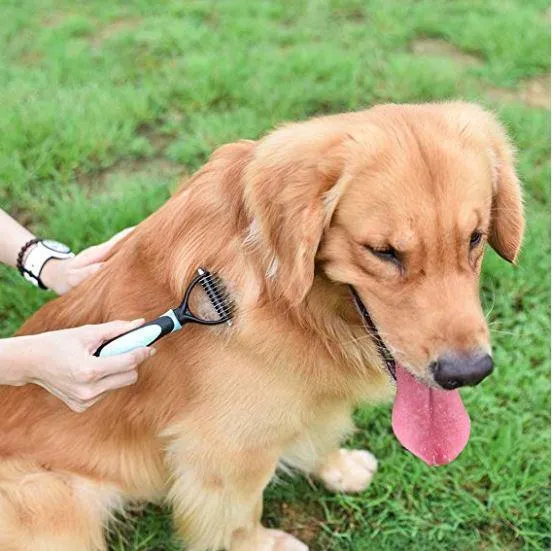 Blue pet dematting comb with stainless steel teeth and soft handle for dogs and cats