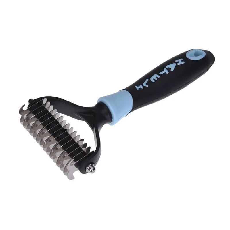 Blue pet dematting comb with stainless steel teeth and soft handle for dogs and cats