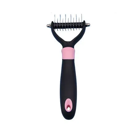 Blue pet dematting comb with stainless steel teeth and soft handle for dogs and cats
