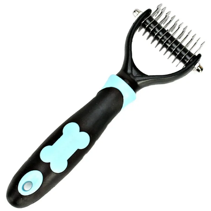 Blue pet dematting comb with stainless steel teeth and soft handle for dogs and cats