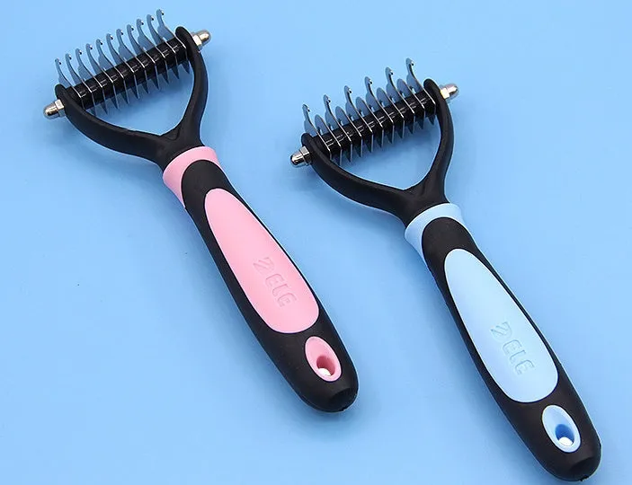 Blue pet dematting comb with stainless steel teeth and soft handle for dogs and cats