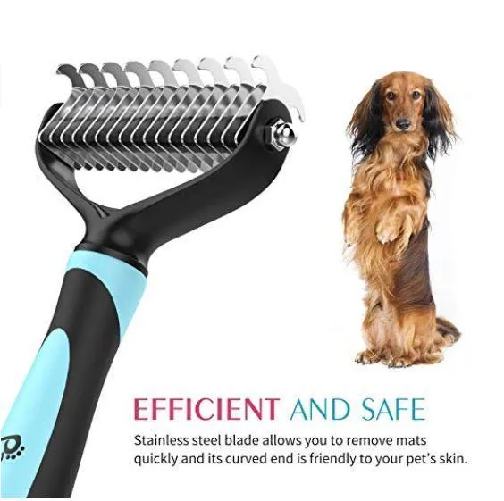 Blue pet dematting comb with stainless steel teeth and soft handle for dogs and cats