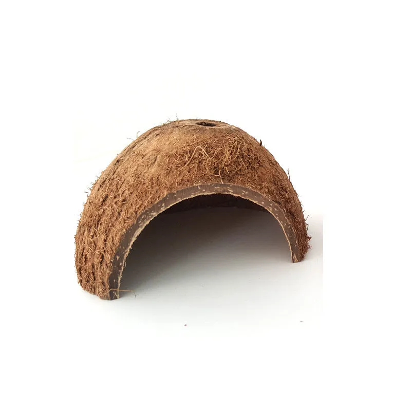 Natural coconut shell reptile hideout cave with entrance hole, placed on moss in a terrarium