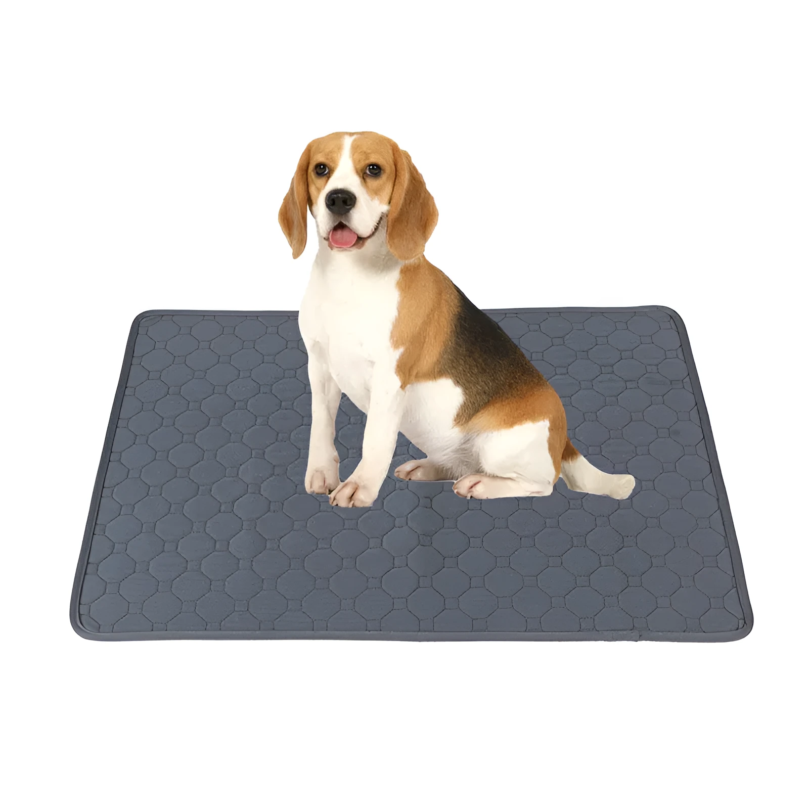 Washable dog pee pads in neutral tan and grey colours showing multiple size options