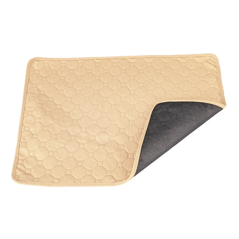 Washable dog pee pads in neutral tan and grey colours showing multiple size options