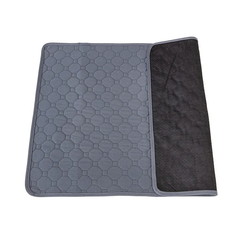 Washable dog pee pads in neutral tan and grey colours showing multiple size options