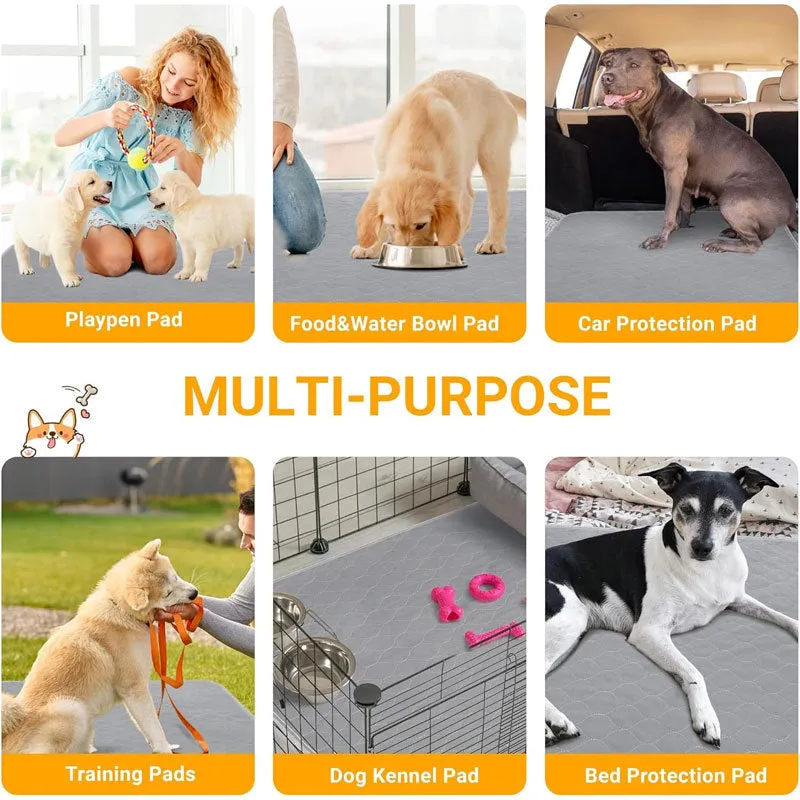 Washable dog pee pads in neutral tan and grey colours showing multiple size options
