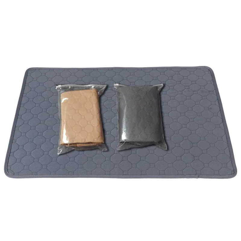 Washable dog pee pads in neutral tan and grey colours showing multiple size options