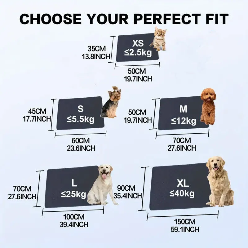 Washable dog pee pads in neutral tan and grey colours showing multiple size options