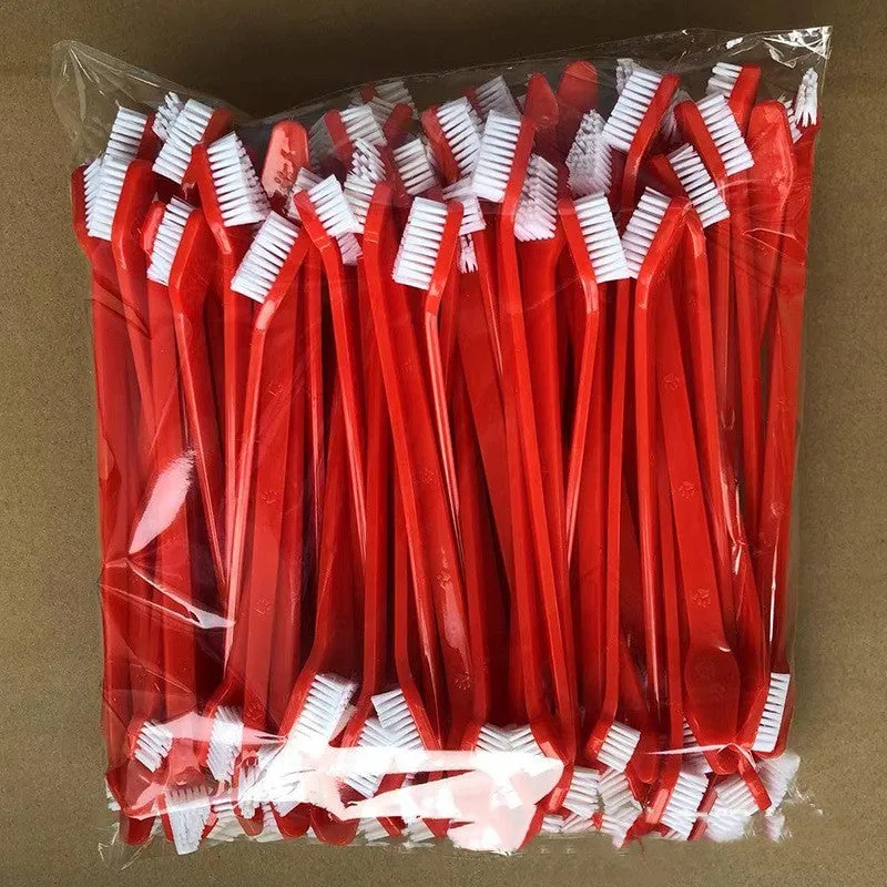 Pet long handle double head toothbrush with plastic PP handle and nylon bristles, 22cm, in cherry blossom powder colour