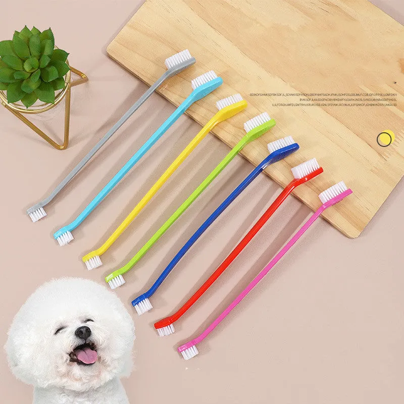 Pet long handle double head toothbrush with plastic PP handle and nylon bristles, 22cm, in cherry blossom powder colour