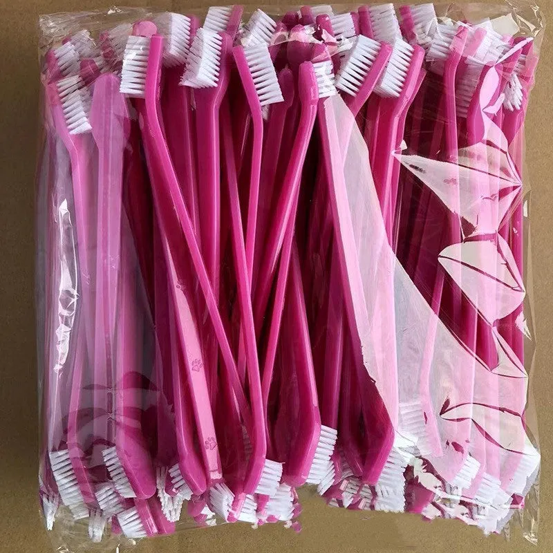 Pet long handle double head toothbrush with plastic PP handle and nylon bristles, 22cm, in cherry blossom powder colour