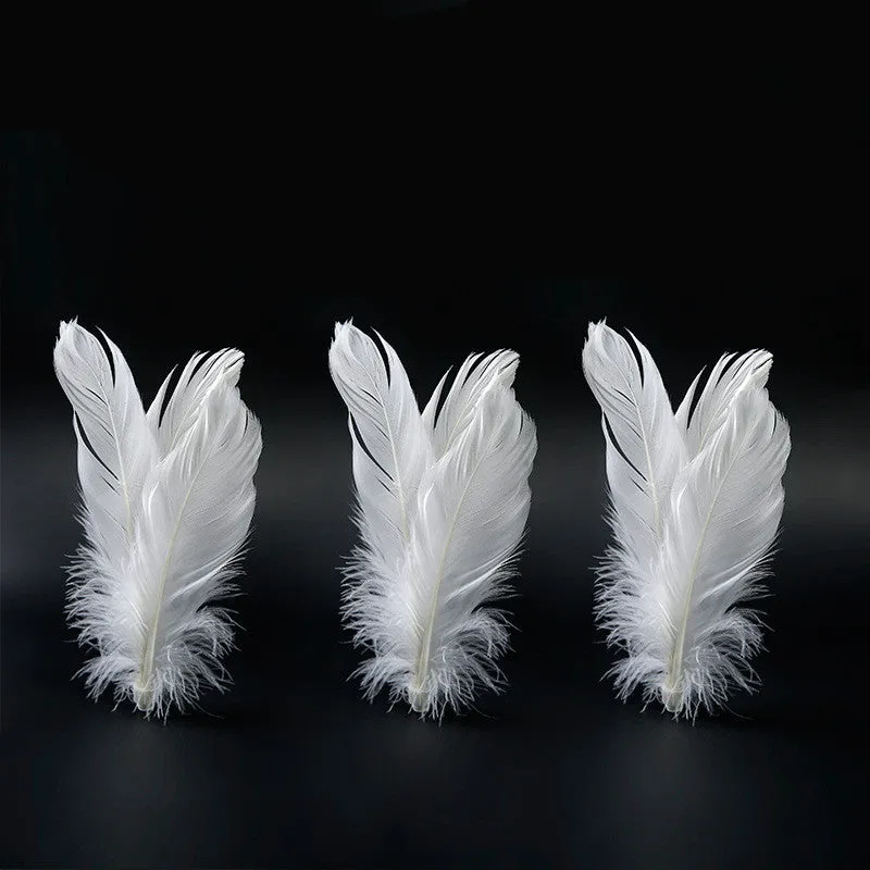 Tumbler cat toy in white with three replacement feathers on a light background