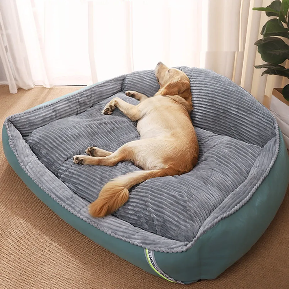 Winter warm removable washable dog kennel bed in Light Green with velvet and imitation leather construction