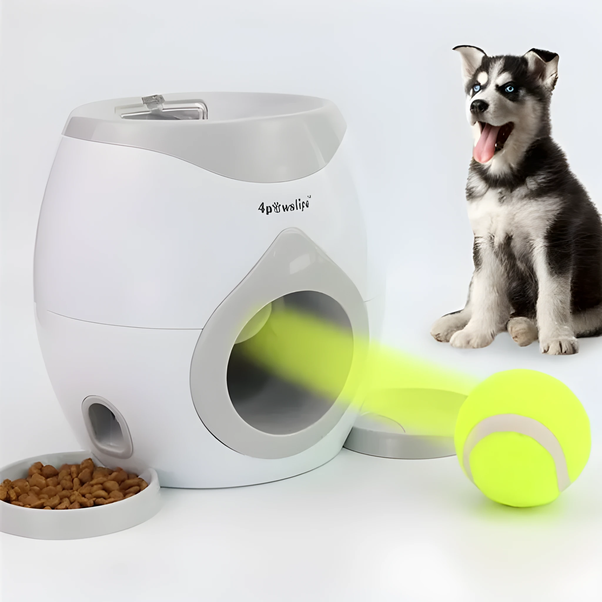 White plastic tennis food reward machine for interactive dog training with snack dispensing