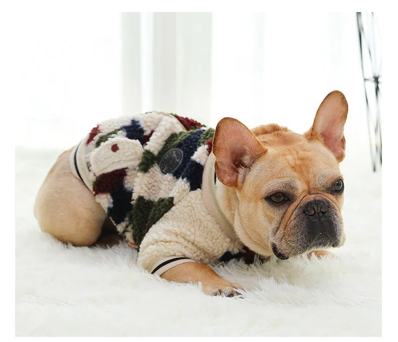 Camouflage dog hooded coat with two-legged design on a dog, showing hood and waterproof fabric