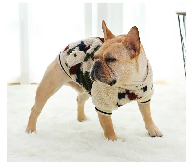 Camouflage dog hooded coat with two-legged design on a dog, showing hood and waterproof fabric