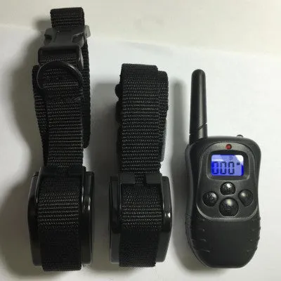 Waterproof remote dog training device in black ABS plastic with receiver collar and charging cable