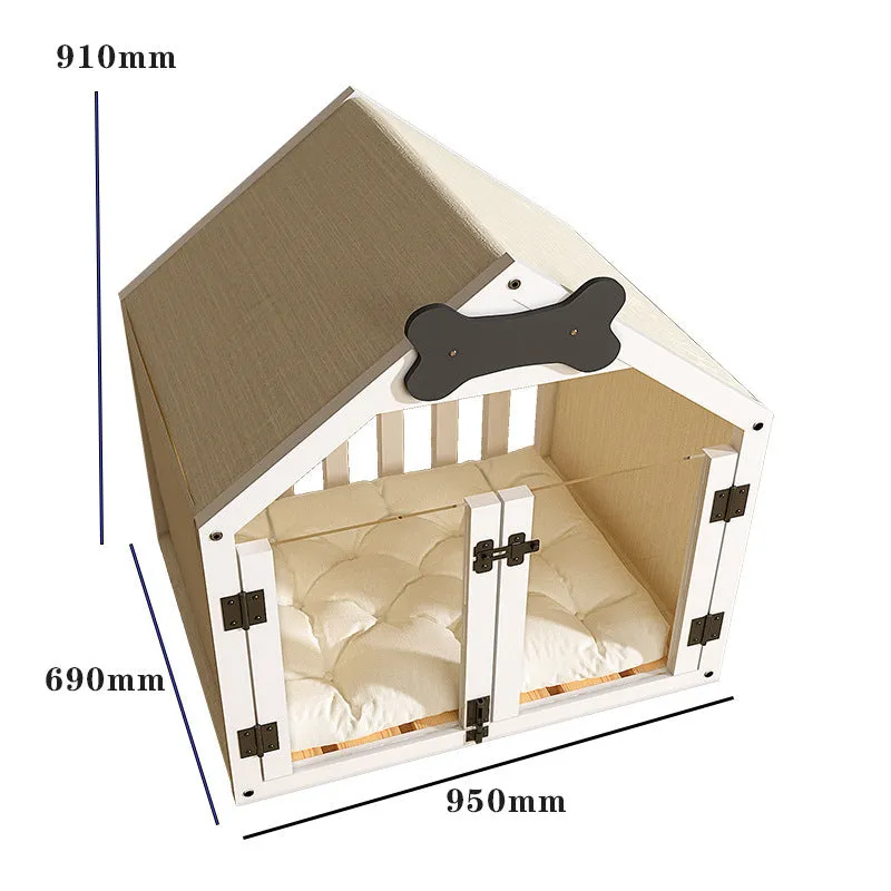 Indoor solid wood doghouse with removable washable cushion, dark brown finish, large size