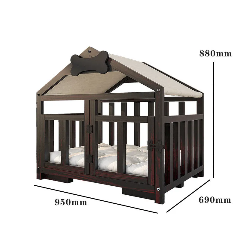 Indoor solid wood doghouse with removable washable cushion, dark brown finish, large size