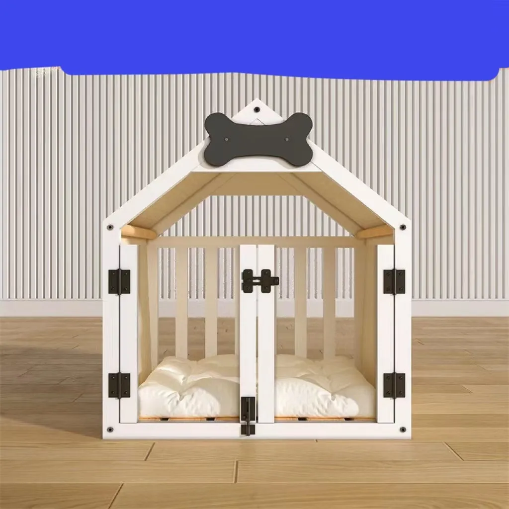 Indoor solid wood doghouse with removable washable cushion, dark brown finish, large size