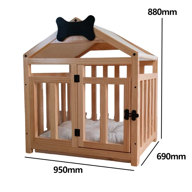 Indoor solid wood doghouse with removable washable cushion, dark brown finish, large size