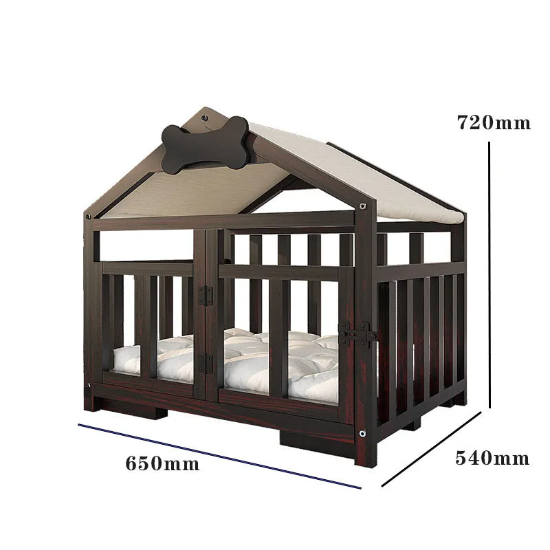 Indoor solid wood doghouse with removable washable cushion, dark brown finish, large size