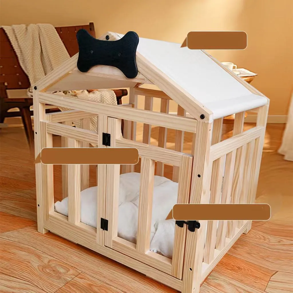 Indoor solid wood doghouse with removable washable cushion, dark brown finish, large size