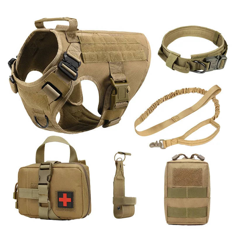 Dog wearing adjustable polyester training battle vest with matching accessories
