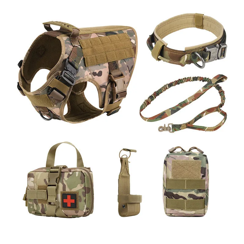Dog wearing adjustable polyester training battle vest with matching accessories