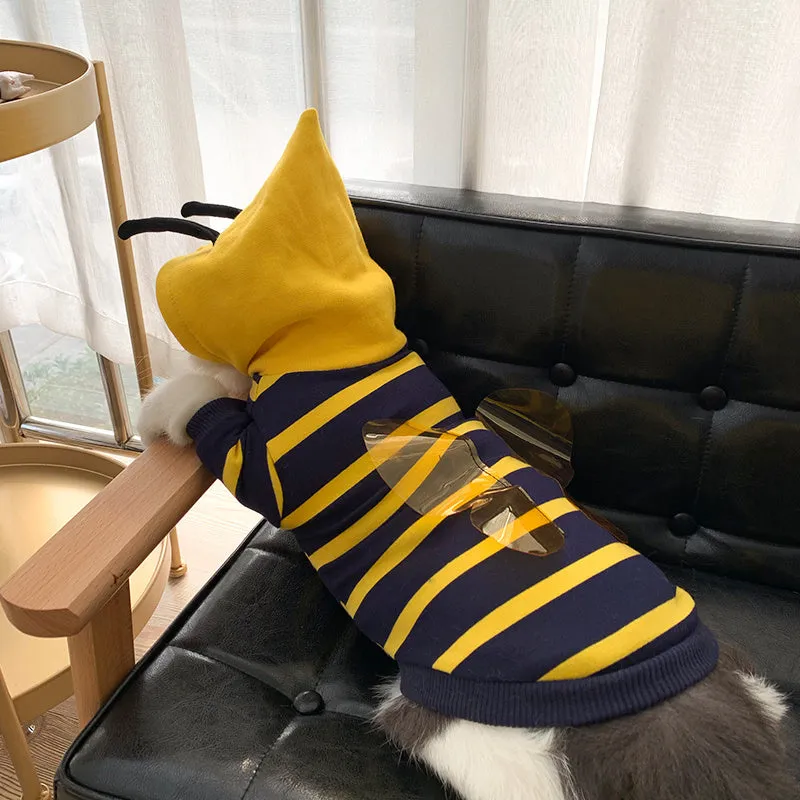 Yellow striped bee costume hoodie for bulldog pet winter jacket made of cotton plush material
