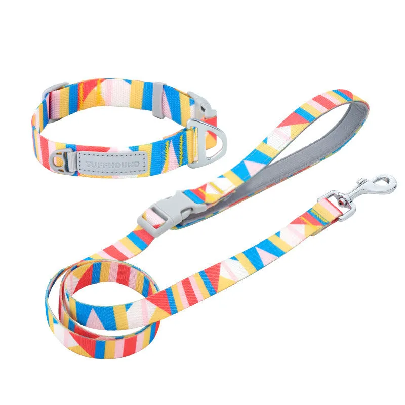 Blue nylon dog traction belt with 120cm lead and adjustable neck loop on a white background