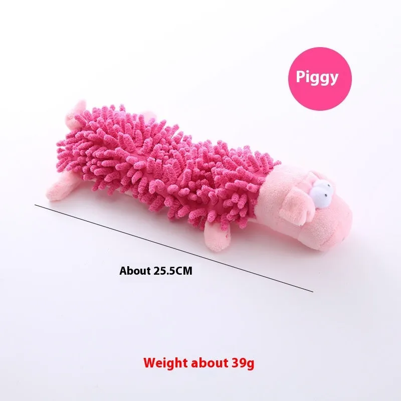 Plush dog toy with microfiber horse molar texture in six animal designs including dog, duck, chicken, pig, frog, and hippo