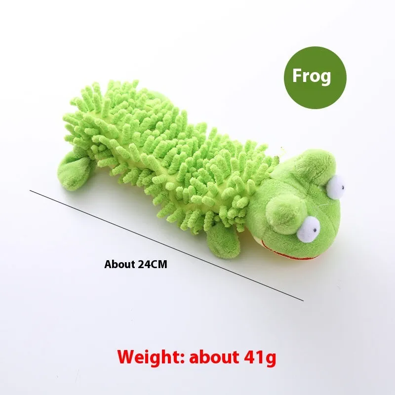 Plush dog toy with microfiber horse molar texture in six animal designs including dog, duck, chicken, pig, frog, and hippo