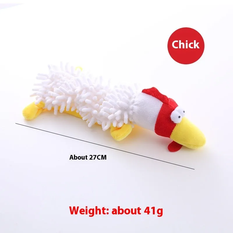 Plush dog toy with microfiber horse molar texture in six animal designs including dog, duck, chicken, pig, frog, and hippo