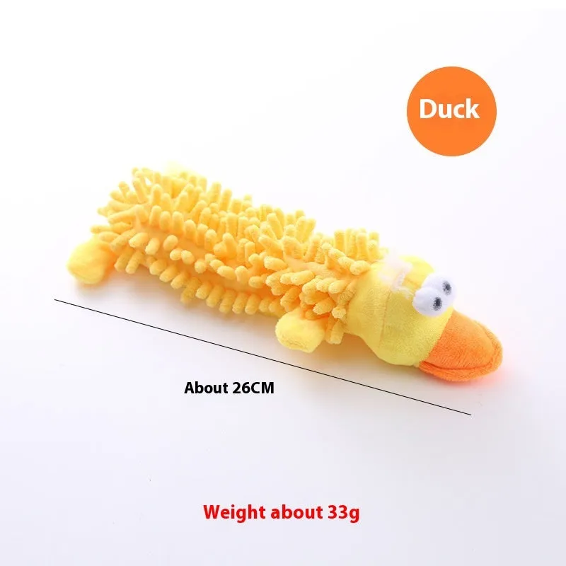 Plush dog toy with microfiber horse molar texture in six animal designs including dog, duck, chicken, pig, frog, and hippo