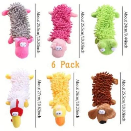 Plush dog toy with microfiber horse molar texture in six animal designs including dog, duck, chicken, pig, frog, and hippo