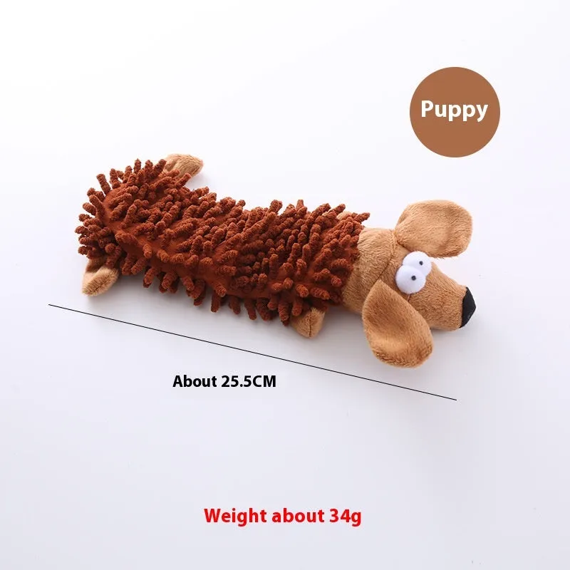 Plush dog toy with microfiber horse molar texture in six animal designs including dog, duck, chicken, pig, frog, and hippo