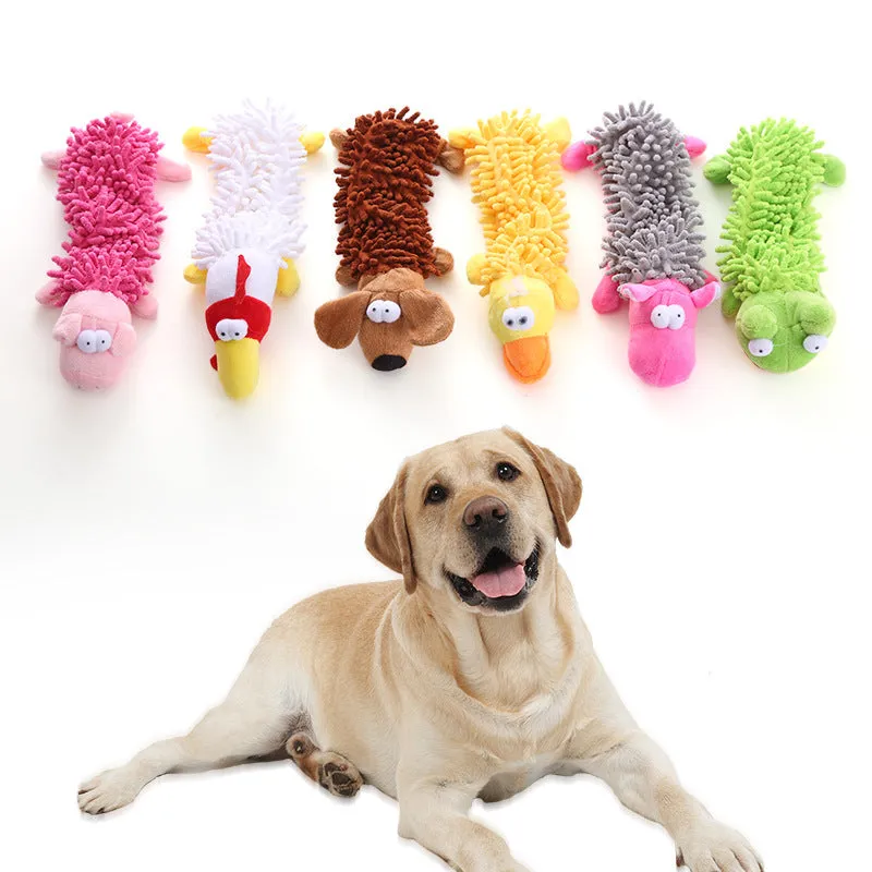 Plush dog toy with microfiber horse molar texture in six animal designs including dog, duck, chicken, pig, frog, and hippo