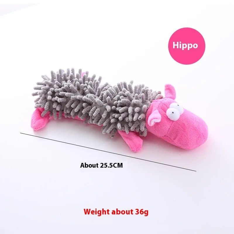 Plush dog toy with microfiber horse molar texture in six animal designs including dog, duck, chicken, pig, frog, and hippo