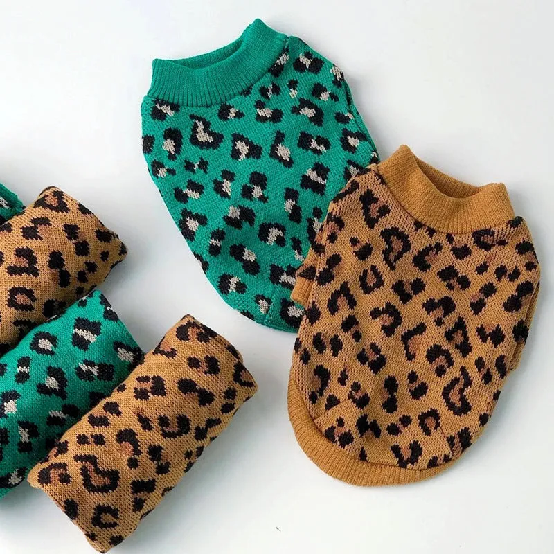 Green leopard print sleeveless knitted sweater for small dog or cat laying down