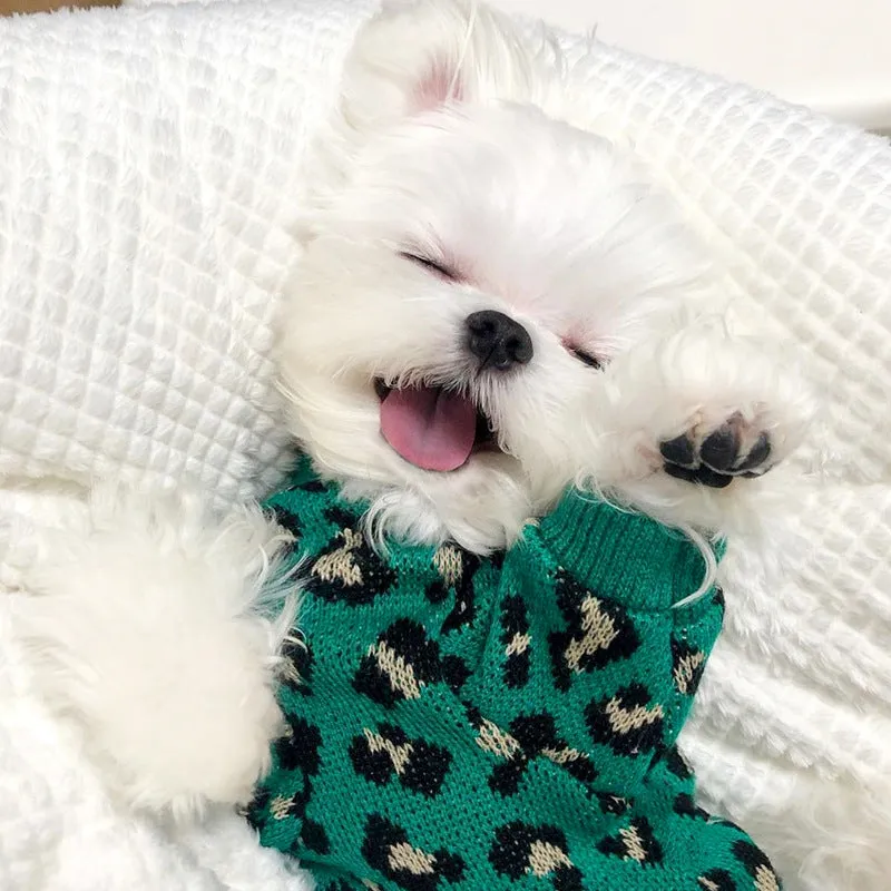 Green leopard print sleeveless knitted sweater for small dog or cat laying down